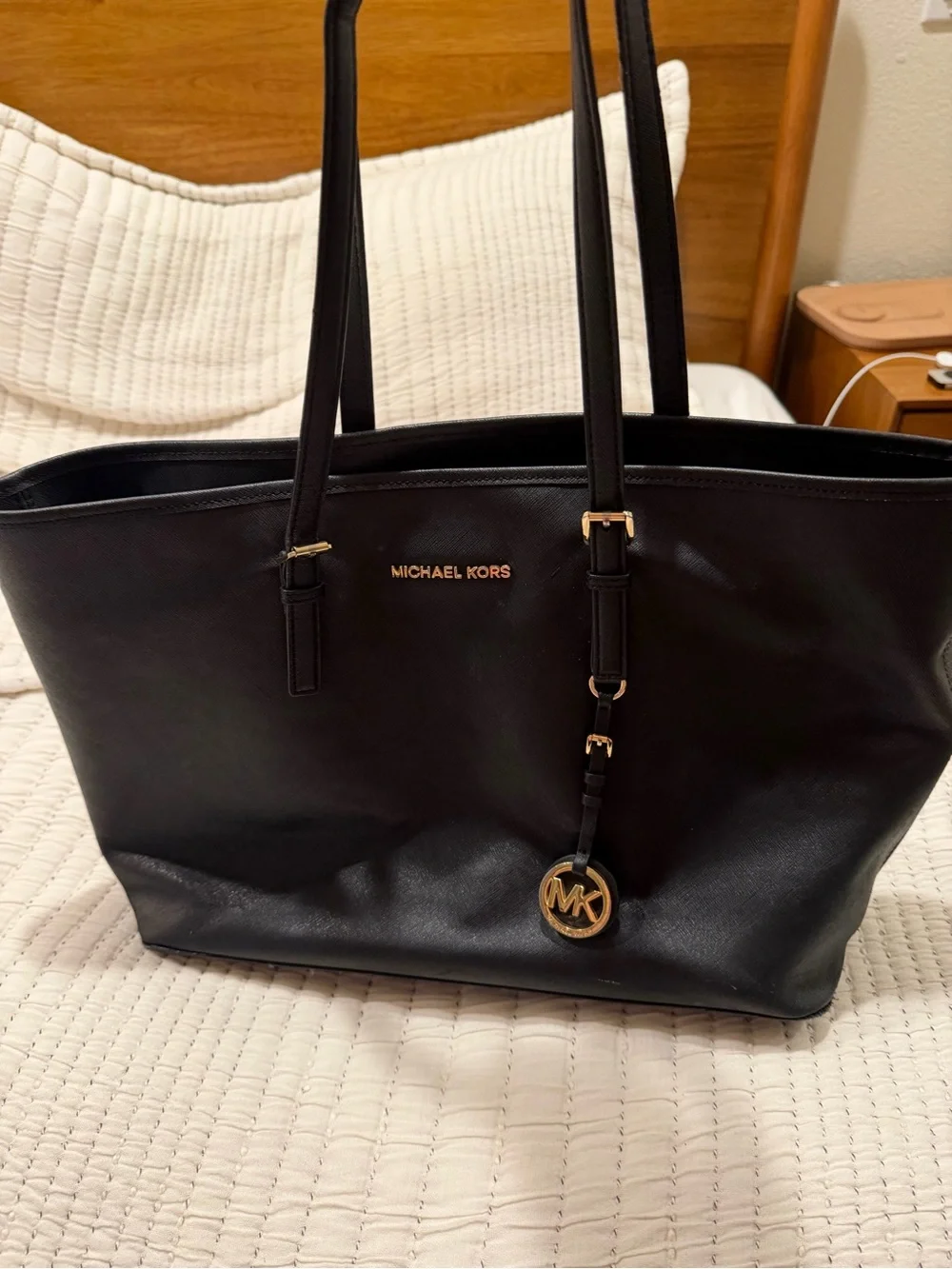 Michael Kors Black Leather Tote with Gold MK Charm